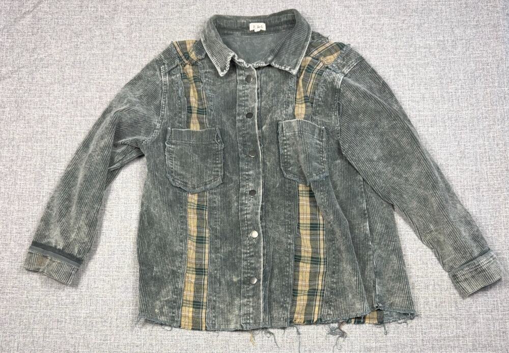 POL Corduroy Plaid Patchwork Shacket Large Distressed Read Fit